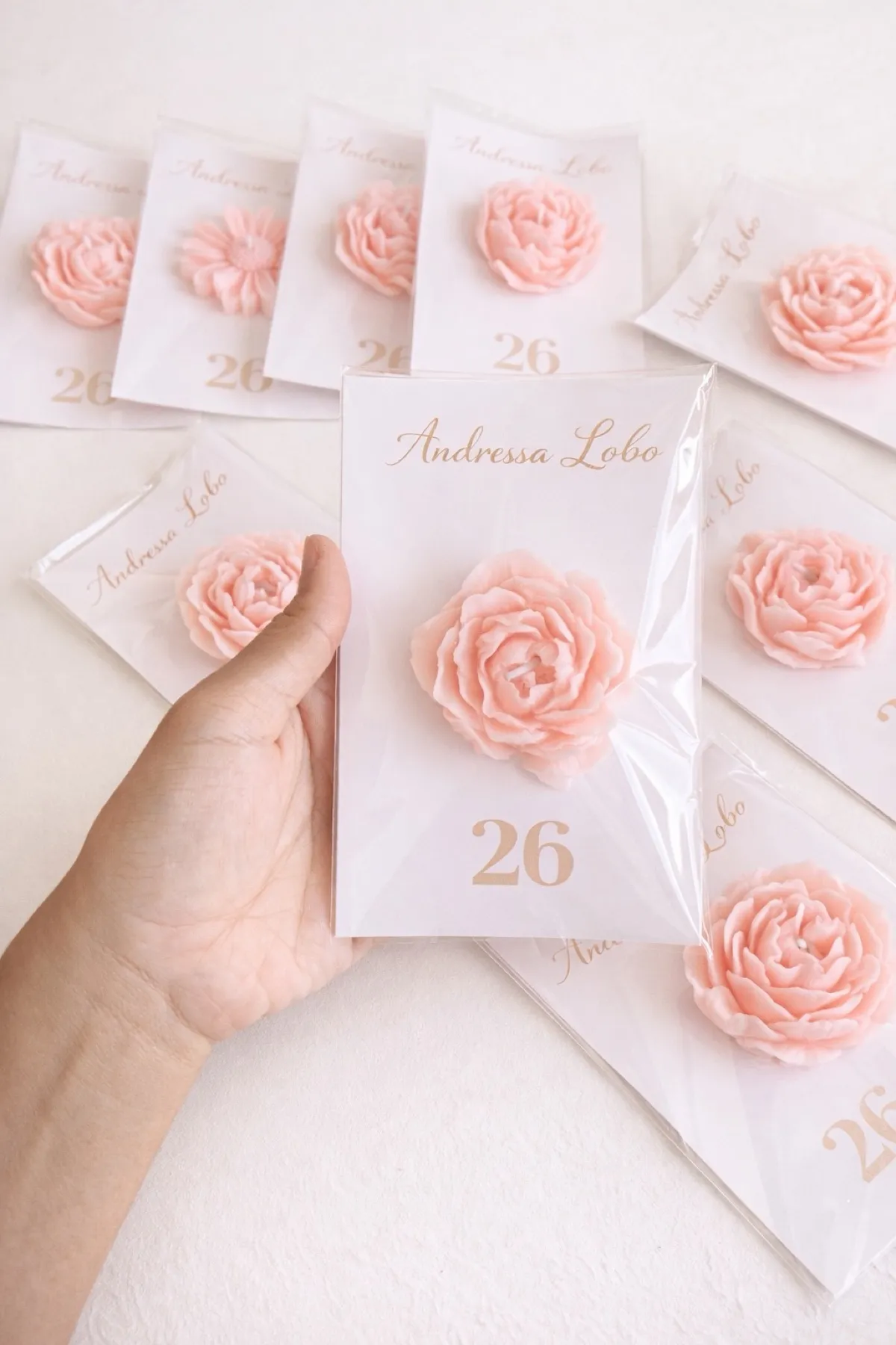 Velas Andressa Lobo flores rosê em saquinhos
